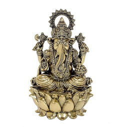 Front view brass Ganpati statue with detailed elephant face and lotus pedestal
