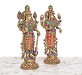 Brass standing Maa Lakshmi and Vishnu murti pair, multicolor dress, taller front angle