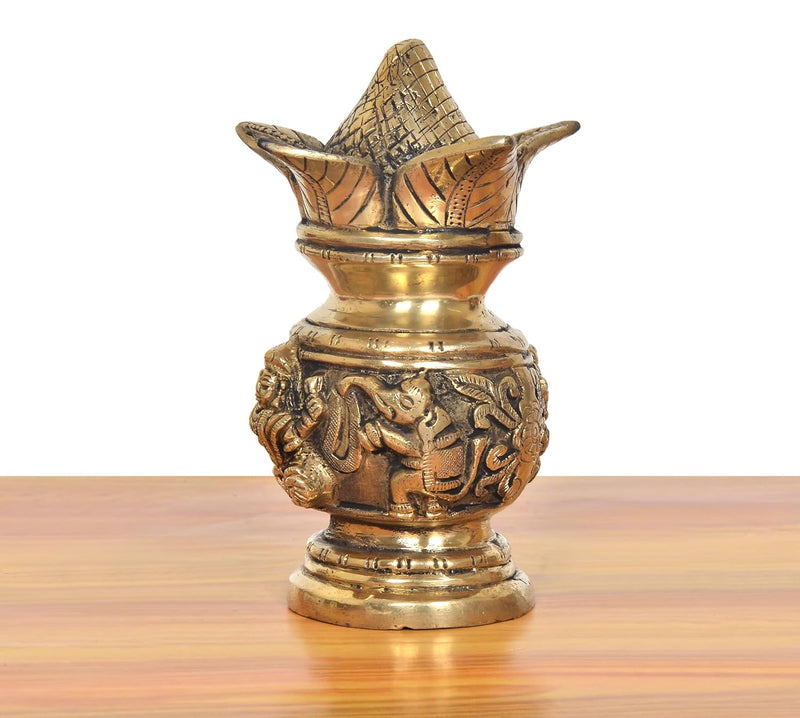 Brass Kalash Lakshmi Ganesh Carving Showpiece (Height 6 Inch)