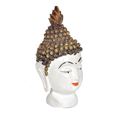 Resin Buddha head decor front view, white head with brown-gold beaded crown, orange mouth