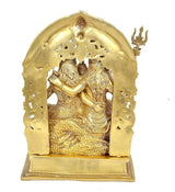 Brass Shiv-Parivar idol showing back arch detail with seated Shiva and Parvati figures