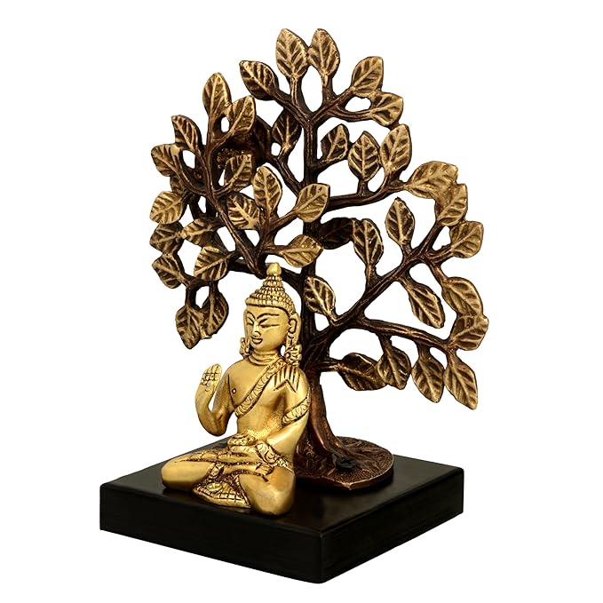 Brass Buddha Idol under the Tree on wooden base (Height 7.5 Inches)