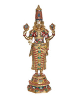 Front view brass Balaji figurine with red-green patterned tunic and crown