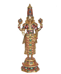 Front view brass Balaji figurine with red-green patterned tunic and crown