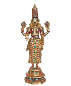 Front view brass Balaji figurine with red-green patterned tunic and crown