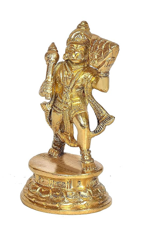 Hanuman with Sanjeevani Hand Pack of 1 Statue Statement Pieces Decor in Brass Height 4.5 Inches