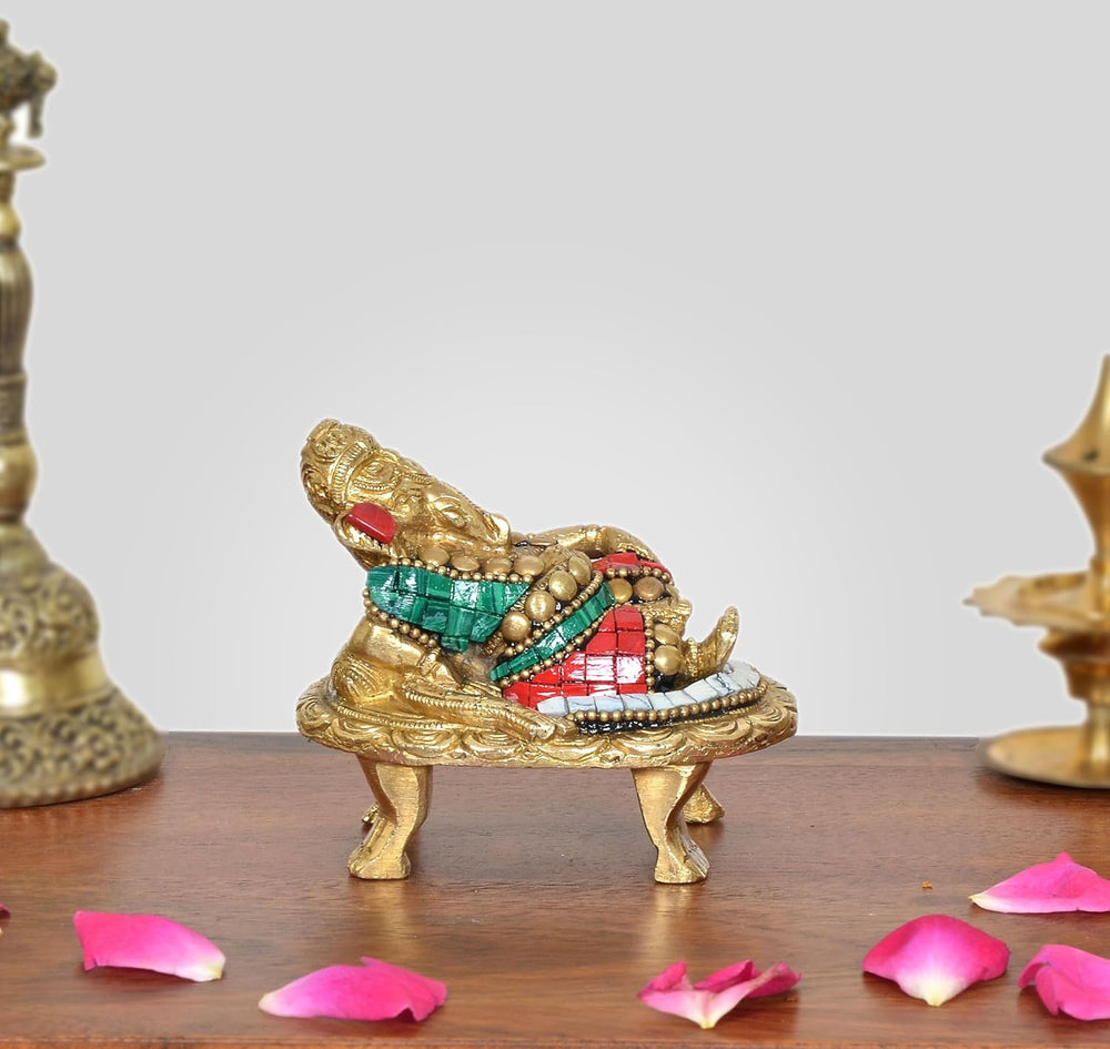 Brass Relaxing Ganesha Statue (Height :3 inch) (Multicolor 1)