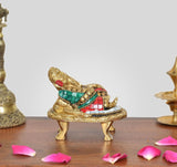 Brass relaxing Ganesha statue with multicolor jeweled details