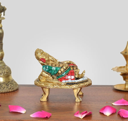 Brass Relaxing Ganesha Statue (Height :3 inch) (Multicolor a)