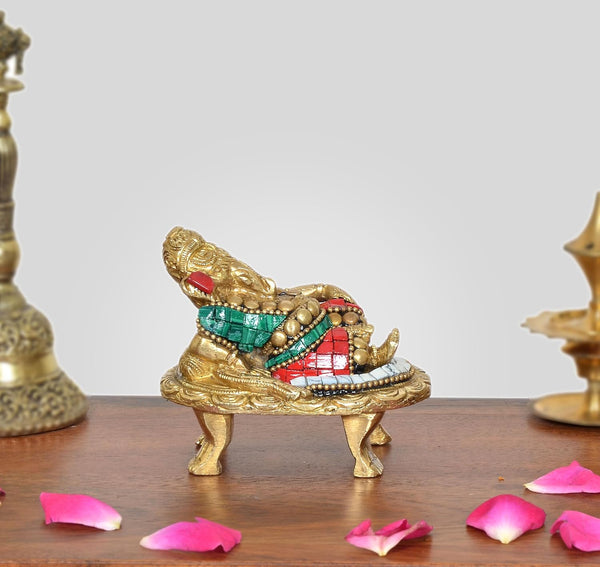 Brass Relaxing Ganesha Statue (Height :3 inch) (Multicolor a)