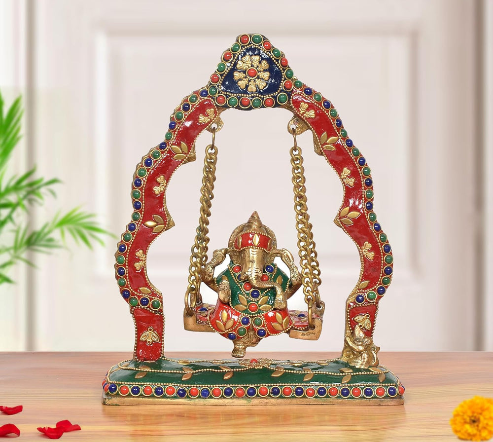Brass Ganesha Swinging Jhula Statue (Height: 9 Inch) (Multicolor)