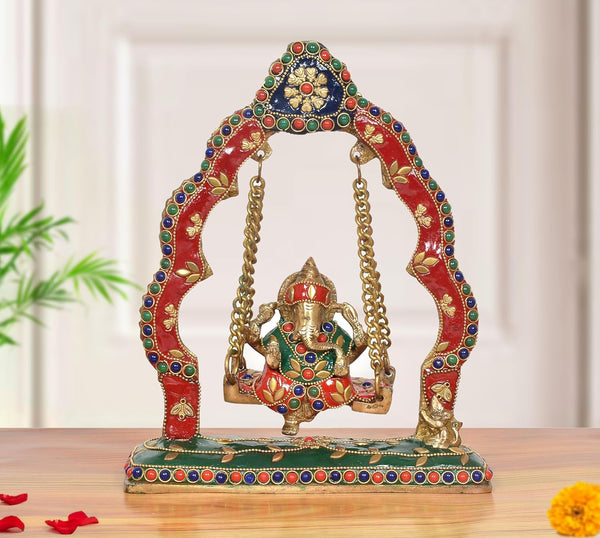 Brass Ganesha Swinging Jhula Statue (Height: 9 Inch) (Multicolor)