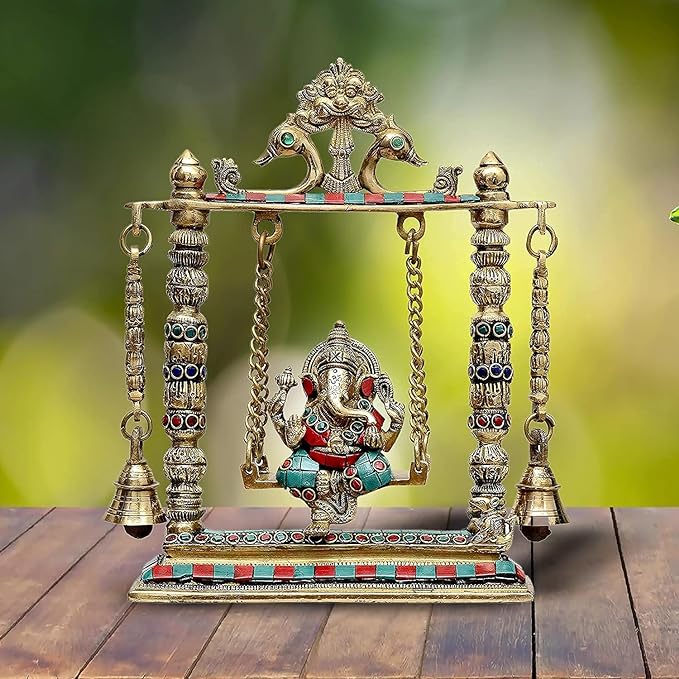 Brass Ganesha on a Swing with Two Bell Holding Chain Statue (10.2 Inches X 8.6 Inches X 3.0 Inches, Golden)