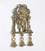 Bronze Panchmukhi Hanuman idol with ornate arch and three hanging bells, angled view.