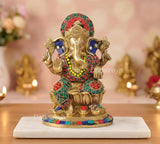 Brass Lord Ganesha religious murti, 7.5 in, painted red-blue-green details