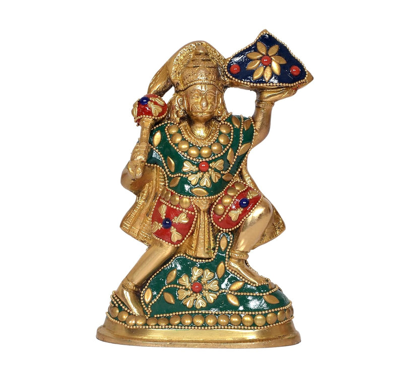 Brass Hanuman JI with Mountain Statue Idol Sculpture Statue Home Decor (Height: 6 Inch)