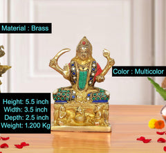 Santoshi Maa brass statue in multicolor, jeweled dress and raised hands, gold seated base