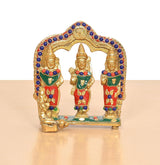 Ram Darbar idol front, three crowned figures with green and red garments and blue arch border