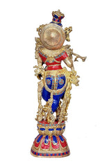 Radha-Krishna brass Murti back view, large halo disc and jeweled blue-red garments