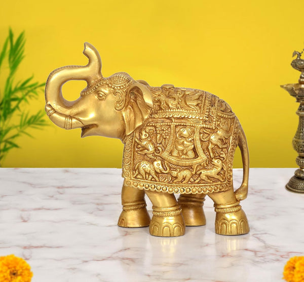 Brass Elephant Figurine (Height 7.5 Inch) Mandir Setting