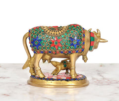 Brass Kamdhenu cow and calf showpiece, multicolor inlay, full side view