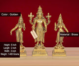 Brass Vishnu with Bhudevi & Sridevi, golden finish; 6-inch height, 3-inch width