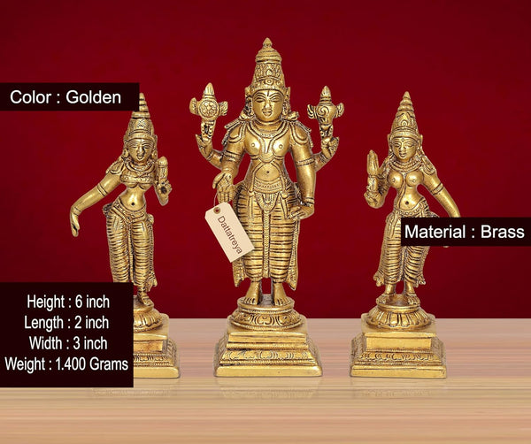 Brass Standing Vishnu with Bhudevi & Sridevi Murti (Height 6 Inch) Entryway Setting