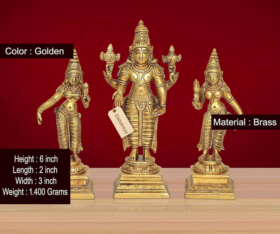 Brass Standing Vishnu with Bhudevi & Sridevi Murti (Height 6 Inch) Craft Detail