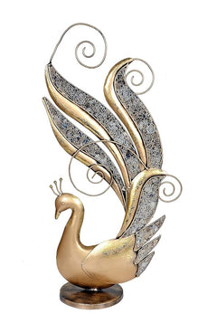 Iron peacock figurine with layered blue-silver feather wings, gold body, round base