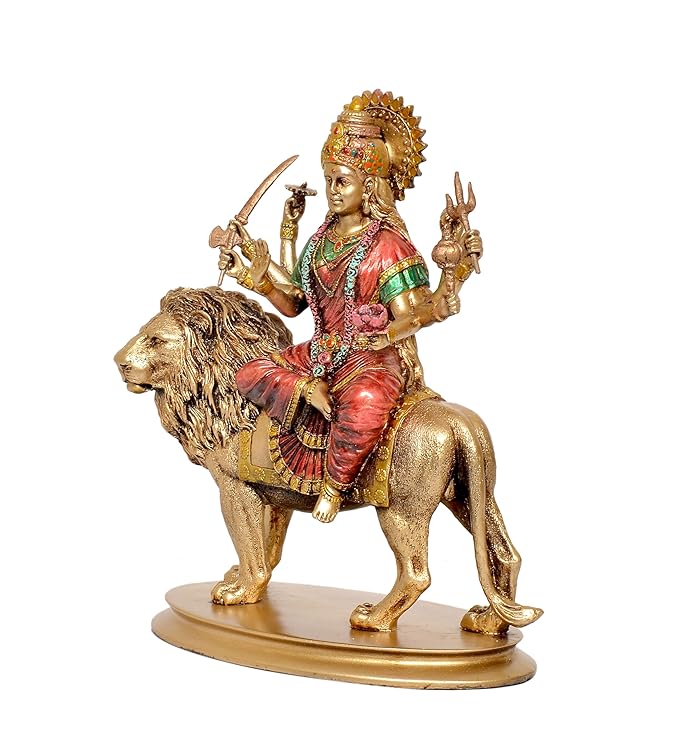 Resin Durga Maa with Lion Idol Hindu Goddess Sherawali MATA Murti MATA Rani Statue Figurine Home Temple (Height: 10 Inch)