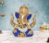 Brass Ganpati Bappa Murti, 6 inch, seated with blue-and-gold detailing