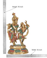 Brass Radha-Krishna idol, size chart view: Height 16 inch, red & green enamel detailing