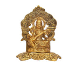 Saraswati seated metal idol, gold tone finish, blessing hands, detailed halo arch