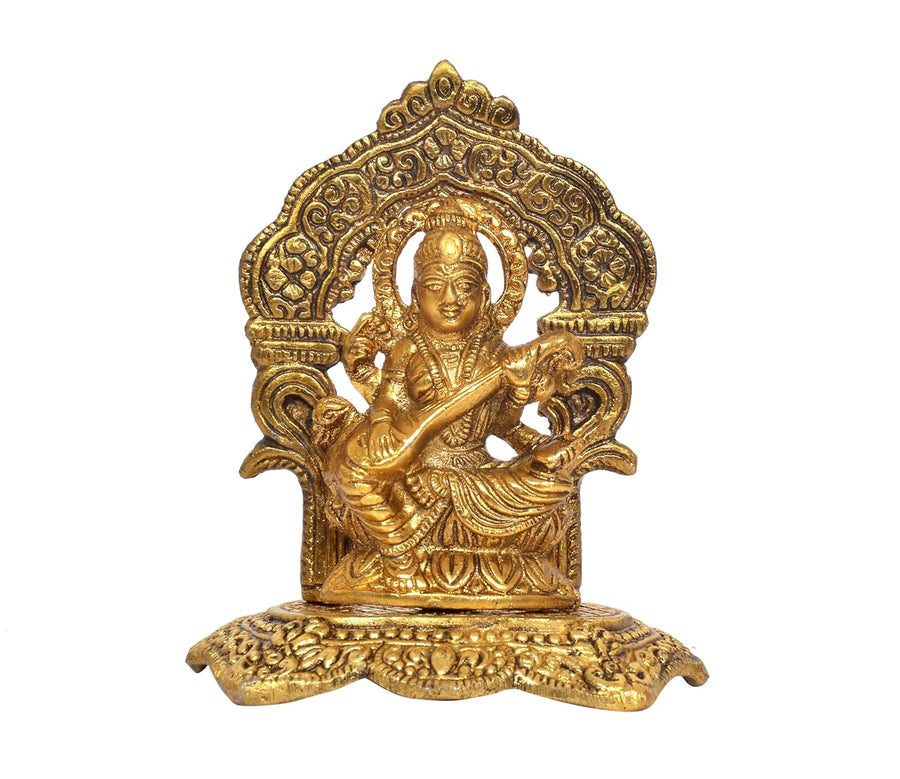 Metal Goddess Saraswati Maa Seated Idol (Height :5 Inches) Craft Detail