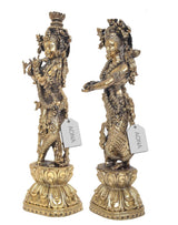 Close view of brass Radha Krishna statue pair, Krishna flute, detailed jewelry, 15 in