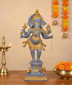 Brass standing Lord Ganesha statue, six-armed figure with gold accents, 27 in