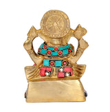 Back view brass Ganesha idol with red and turquoise belt and jeweled panels