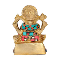 Back view brass Ganesha idol with red and turquoise belt and jeweled panels