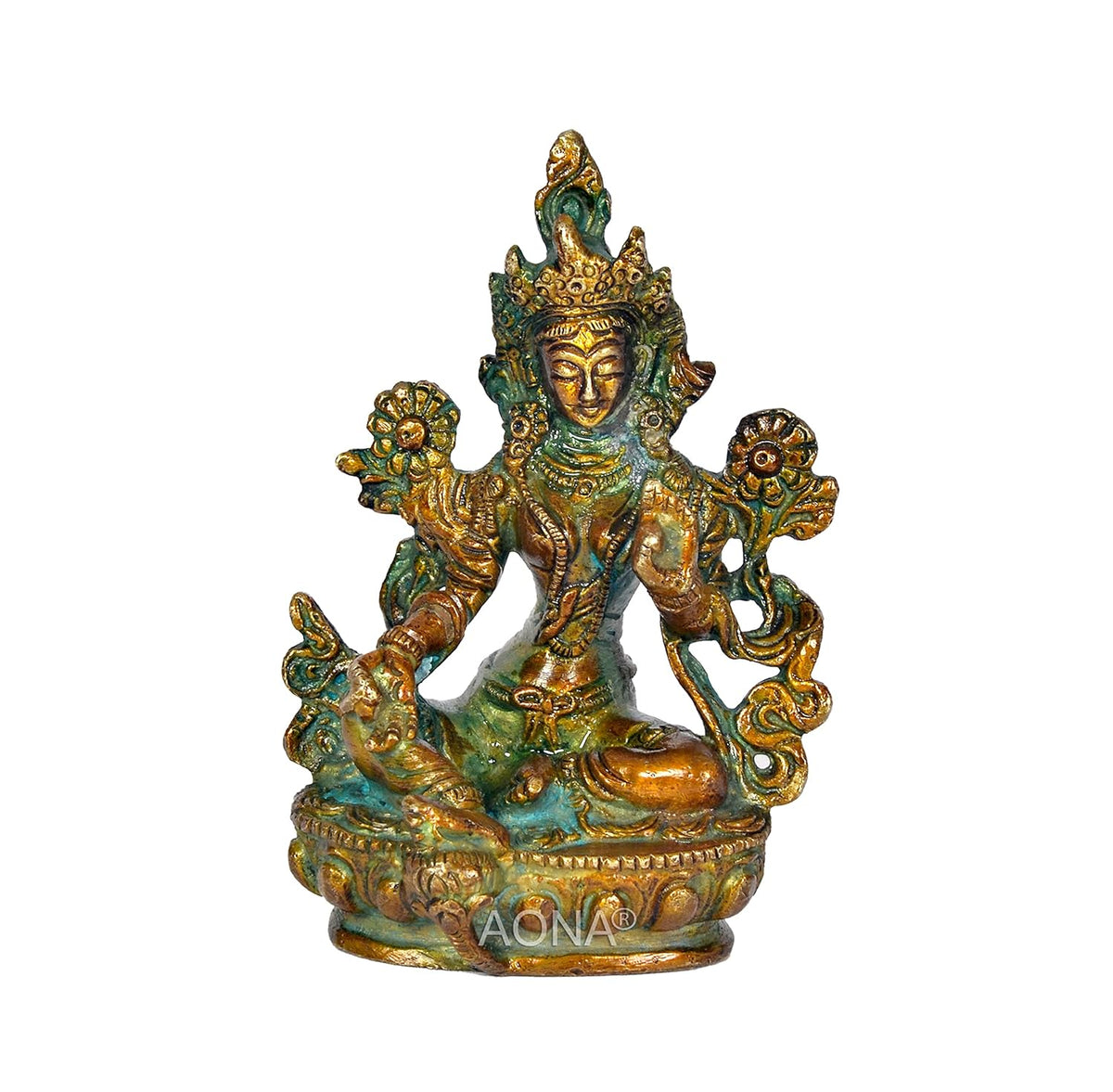 Brass Tara Devi statue with green-gold patina, seated with multi-armed pose