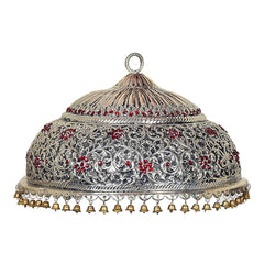 Brass deity Chattar: silver dome with red floral inlay and row of small bells