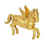 Gold brass winged flying horse figurine, side view with detailed saddle and reins