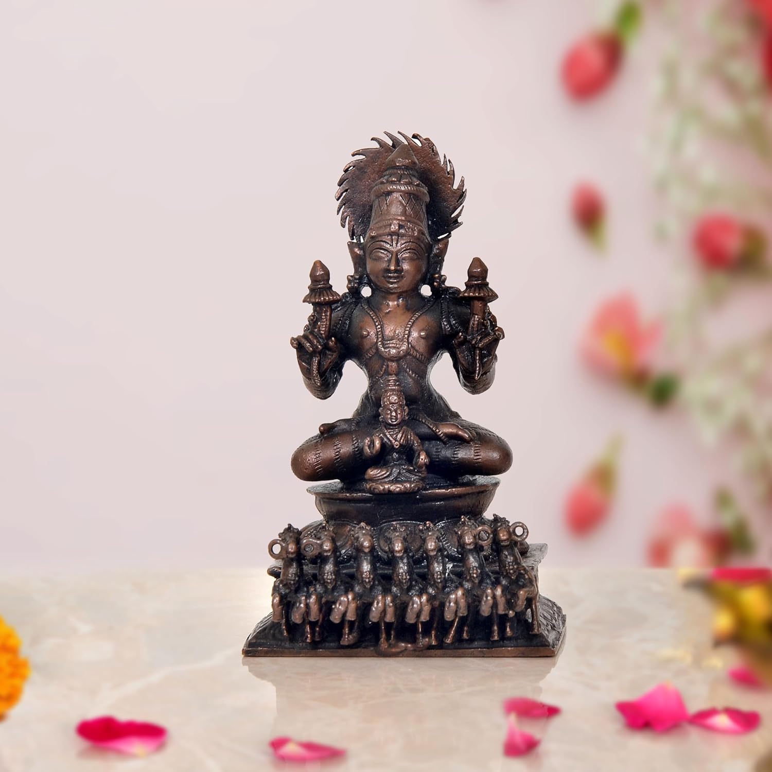 Copper Lord Surya Dev Rath Idol with Seven Horse for Home Pooja Mandir Gift Decoration Showpiece (Height 4 Inch)