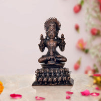 Copper Surya Dev Rath idol, seated deity with crown and ornate base, 4.5 in