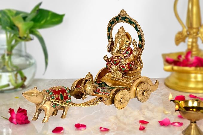 Brass Ganesha Rath Chariot with mouse Statue (Length : 12 Inches)