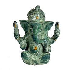 Grüne Dattatreya Ganesha-Statue, sitzend, vier Arme, goldene Akzente