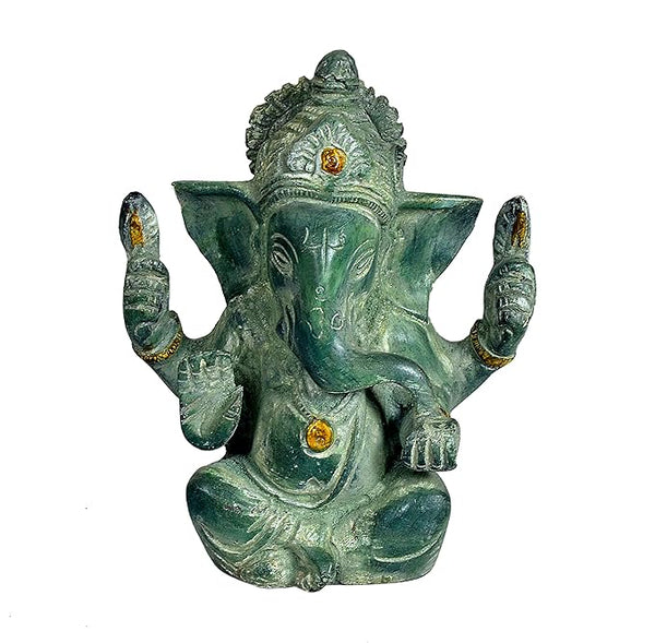 Brass Lord Ganesha Idol Statue Figurine Sculpture for Home Office Temple Puja Green Height Entryway Setting