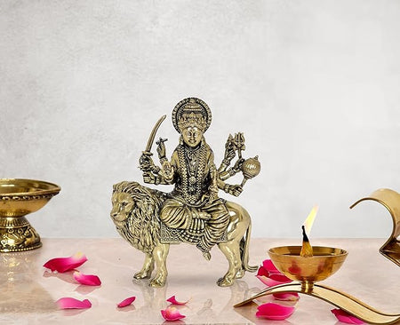 Fine Brass Durga Maa with Lion Idol Hindu Goddess Sherawali MATA Murti MATA Rani Statue Figurine Home Temple (Height: 5 Inch)