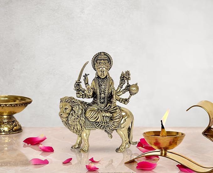 Durga Maa brass statue on lion, 5 in, detailed deity figurine