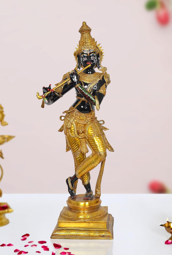 Brass Krishna Playing Flute with Mesmerizing Eyes Idol Statue Sculpture for Home Mandir Pooja Decor Temple Gift (Height 35 inch)