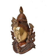 Brass Shiva wall mask idol, gold face and dark textured frame with curled motifs